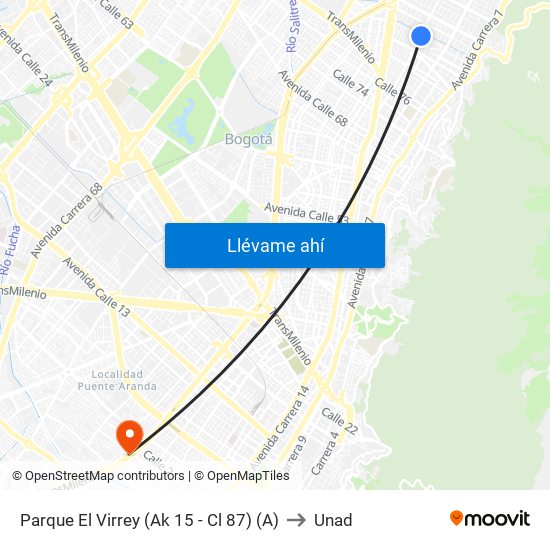 Parque El Virrey (Ak 15 - Cl 87) (A) to Unad map