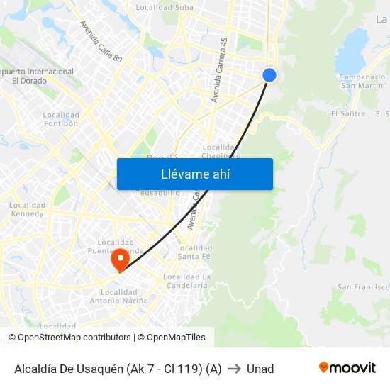 Alcaldía De Usaquén (Ak 7 - Cl 119) (A) to Unad map
