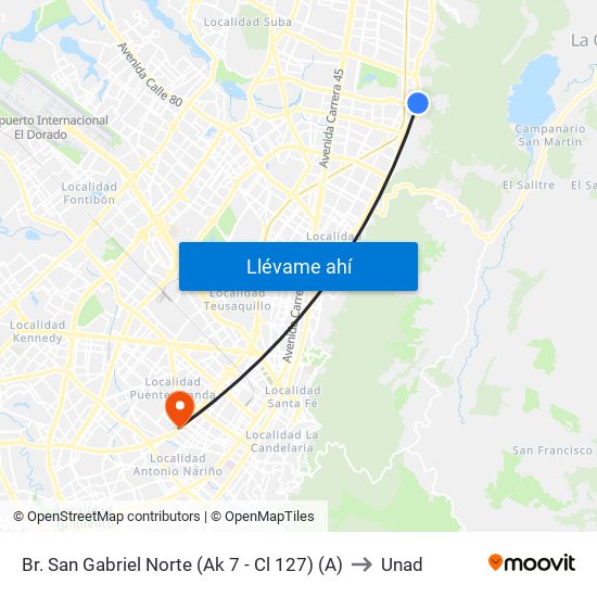 Br. San Gabriel Norte (Ak 7 - Cl 127) (A) to Unad map