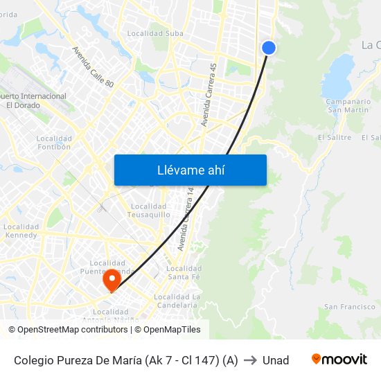 Colegio Pureza De María (Ak 7 - Cl 147) (A) to Unad map