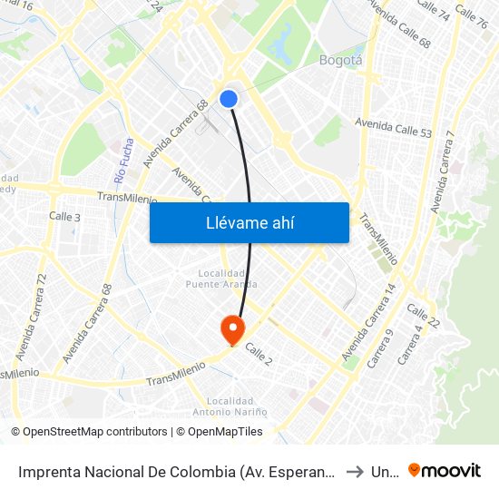 Imprenta Nacional De Colombia (Av. Esperanza - Kr 65) to Unad map