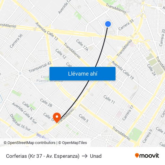 Corferias (Kr 37 - Av. Esperanza) to Unad map