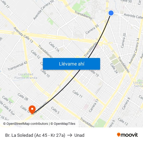 Br. La Soledad (Ac 45 - Kr 27a) to Unad map