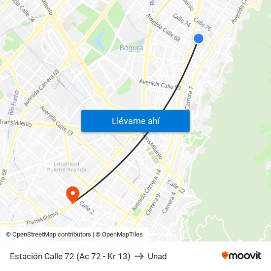 Estación Calle 72 (Ac 72 - Kr 13) to Unad map