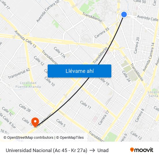 Universidad Nacional (Ac 45 - Kr 27a) to Unad map