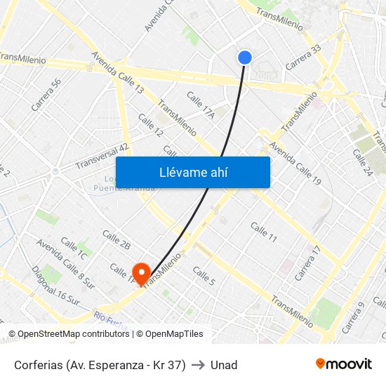 Corferias (Av. Esperanza - Kr 37) to Unad map