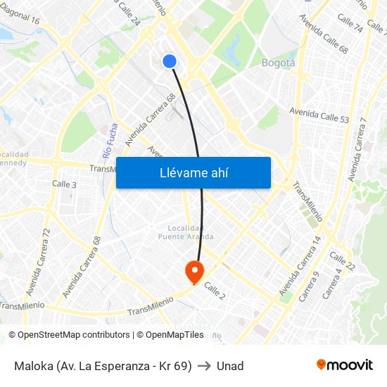 Maloka (Av. La Esperanza - Kr 69) to Unad map