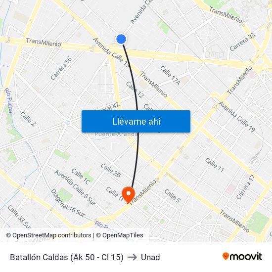 Batallón Caldas (Ak 50 - Cl 15) to Unad map