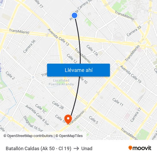 Batallón Caldas (Ak 50 - Cl 19) to Unad map