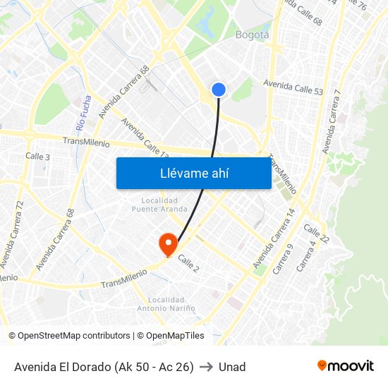 Avenida El Dorado (Ak 50 - Ac 26) to Unad map