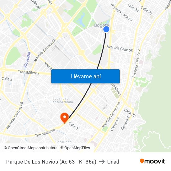 Parque De Los Novios (Ac 63 - Kr 36a) to Unad map