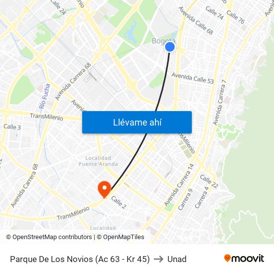 Parque De Los Novios (Ac 63 - Kr 45) to Unad map