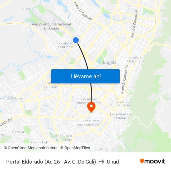 Portal Eldorado (Ac 26 - Av. C. De Cali) to Unad map