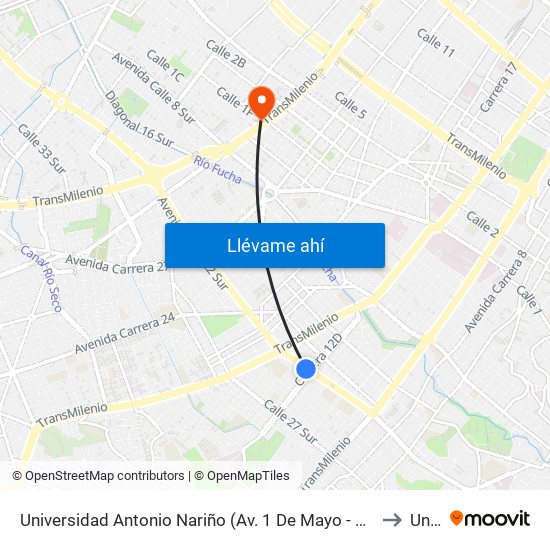 Universidad Antonio Nariño (Av. 1 De Mayo - Kr 13 Bis) (A) to Unad map