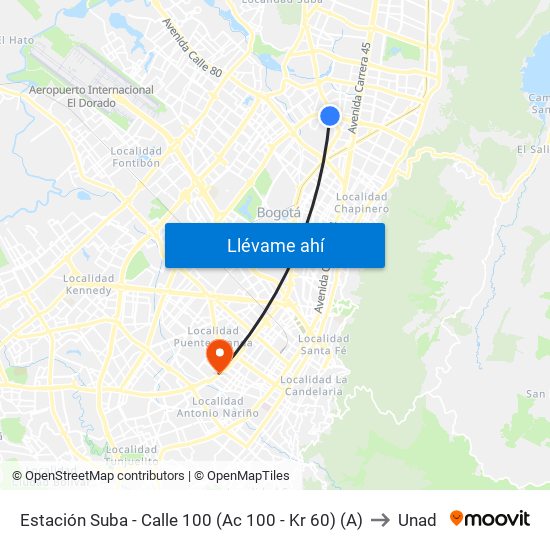 Estación Suba - Calle 100 (Ac 100 - Kr 60) (A) to Unad map