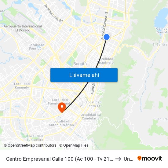 Centro Empresarial Calle 100 (Ac 100 - Tv 21) (C) to Unad map