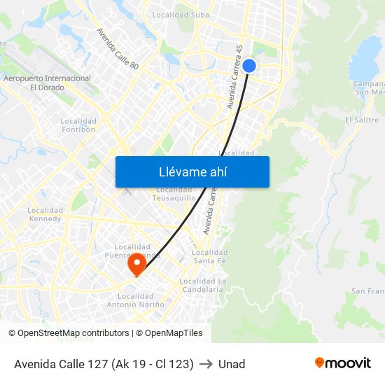 Avenida Calle 127 (Ak 19 - Cl 123) to Unad map