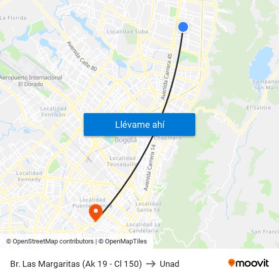 Br. Las Margaritas (Ak 19 - Cl 150) to Unad map