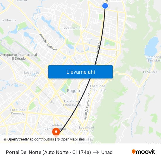 Portal Del Norte (Auto Norte - Cl 174a) to Unad map