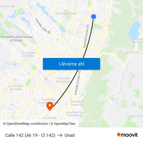 Calle 142 (Ak 19 - Cl 142) to Unad map