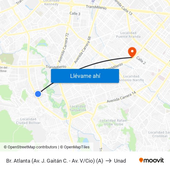 Br. Atlanta (Av. J. Gaitán C. - Av. V/Cio) (A) to Unad map