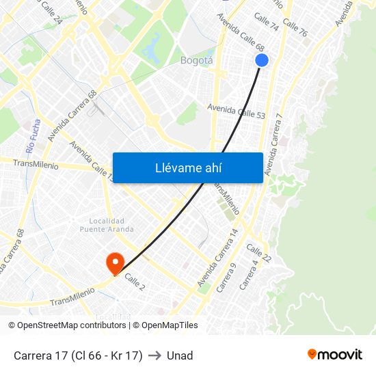 Carrera 17 (Cl 66 - Kr 17) to Unad map