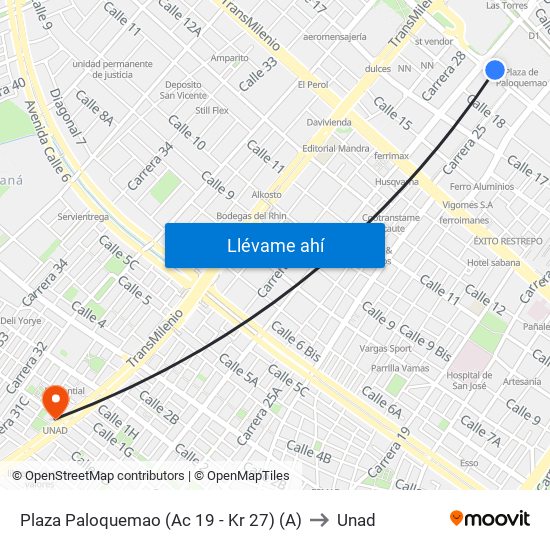 Plaza Paloquemao (Ac 19 - Kr 27) (A) to Unad map