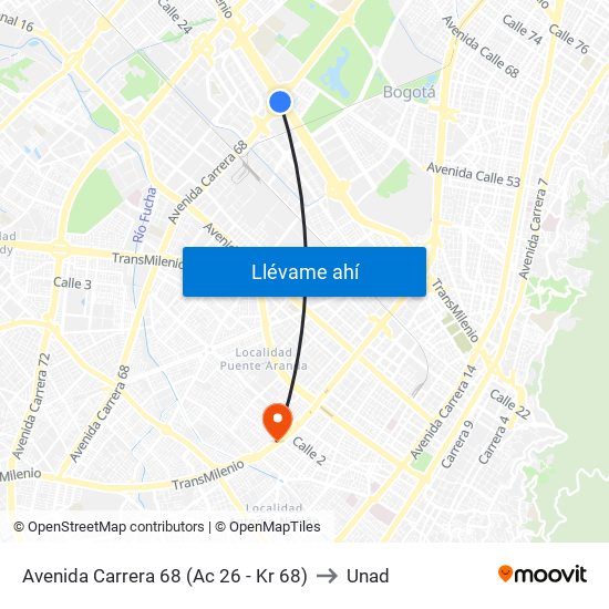 Avenida Carrera 68 (Ac 26 - Kr 68) to Unad map