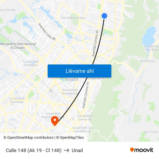 Calle 148 (Ak 19 - Cl 148) to Unad map