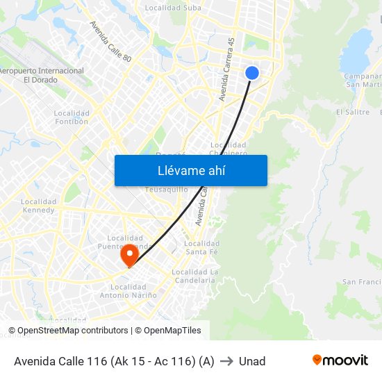 Avenida Calle 116 (Ak 15 - Ac 116) (A) to Unad map