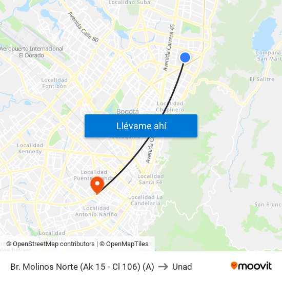 Br. Molinos Norte (Ak 15 - Cl 106) (A) to Unad map