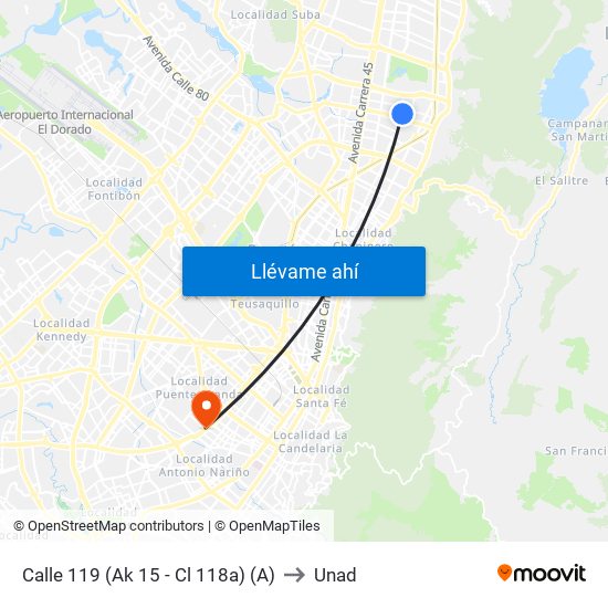 Calle 119 (Ak 15 - Cl 118a) (A) to Unad map