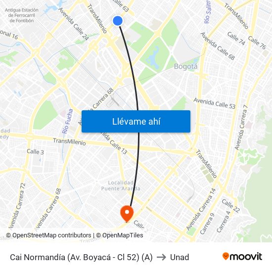 Cai Normandía (Av. Boyacá - Cl 52) (A) to Unad map