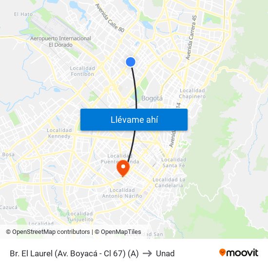 Br. El Laurel (Av. Boyacá - Cl 67) (A) to Unad map