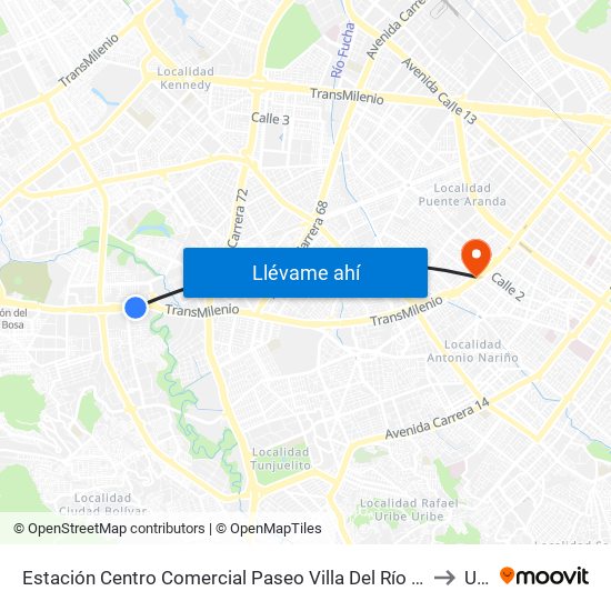 Estación Centro Comercial Paseo Villa Del Río - Madelena (Auto Sur - Kr 66a) to Unad map