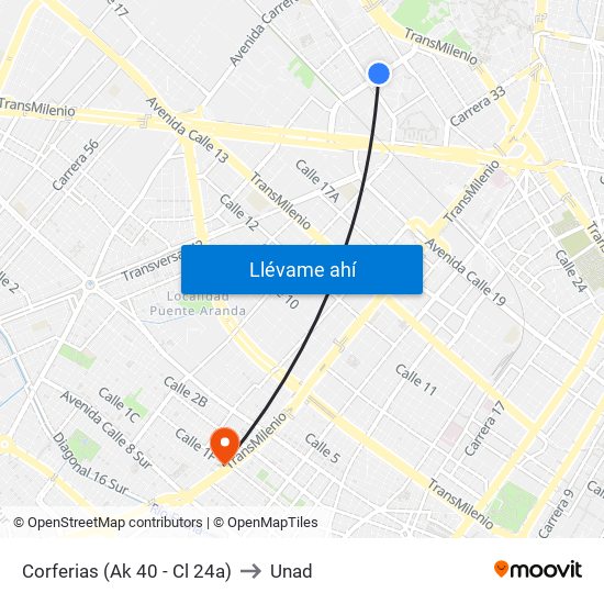 Corferias (Ak 40 - Cl 24a) to Unad map