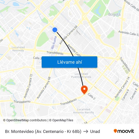 Br. Montevideo (Av. Centenario - Kr 68b) to Unad map