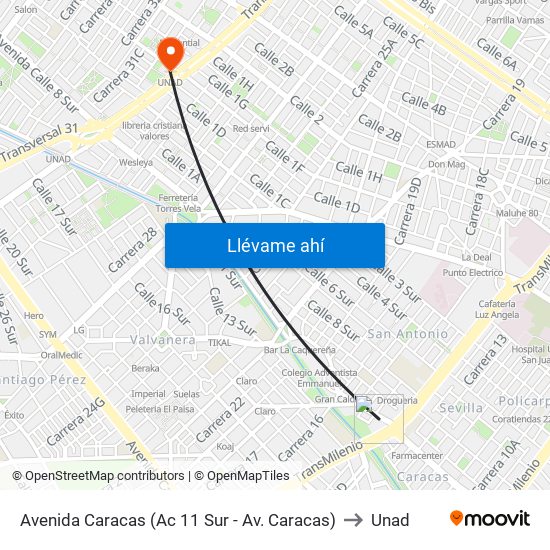 Avenida Caracas (Ac 11 Sur - Av. Caracas) to Unad map