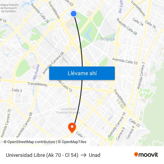 Universidad Libre (Ak 70 - Cl 54) to Unad map