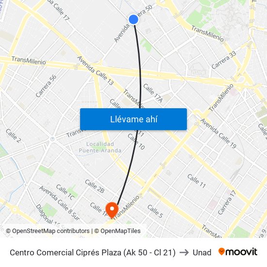 Centro Comercial Ciprés Plaza (Ak 50 - Cl 21) to Unad map