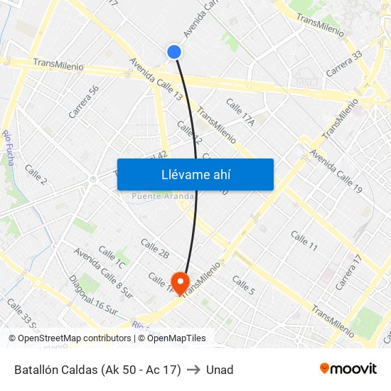 Batallón Caldas (Ak 50 - Ac 17) to Unad map