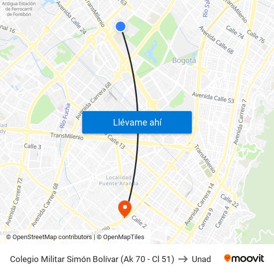 Colegio Militar Simón Bolívar (Ak 70 - Cl 51) to Unad map