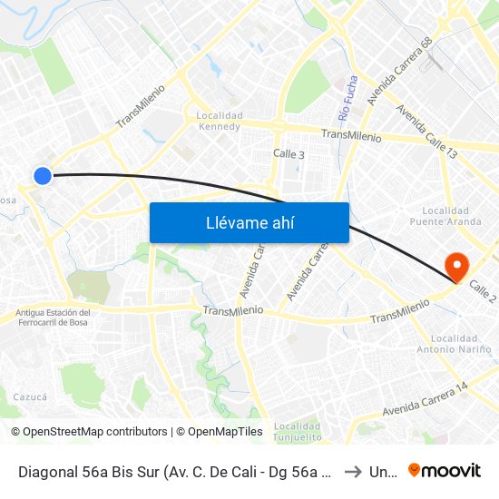 Diagonal 56a Bis Sur (Av. C. De Cali - Dg 56a Bis Sur) to Unad map