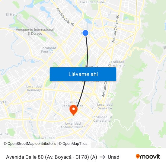 Avenida Calle 80 (Av. Boyacá - Cl 78) (A) to Unad map