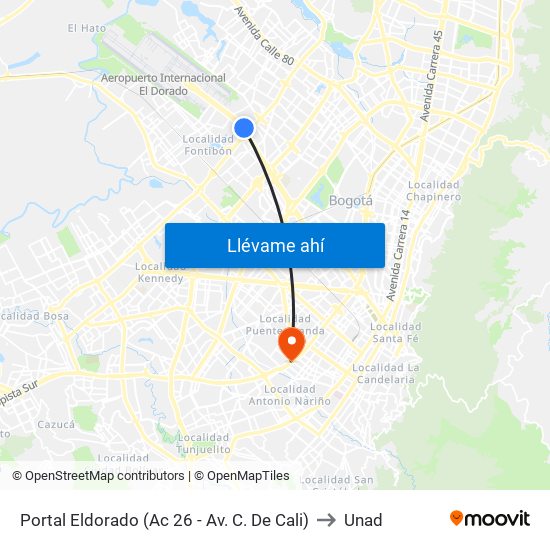 Portal Eldorado (Ac 26 - Av. C. De Cali) to Unad map