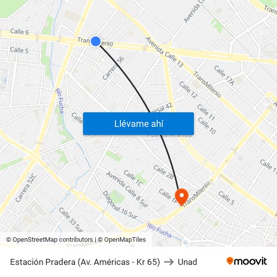 Estación Pradera (Av. Américas - Kr 65) to Unad map