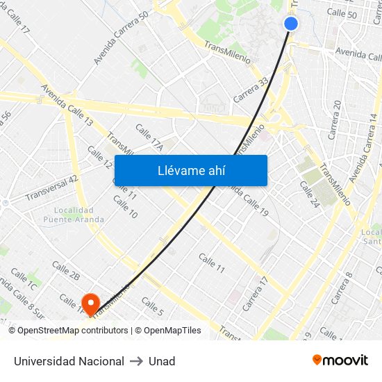 Universidad Nacional to Unad map