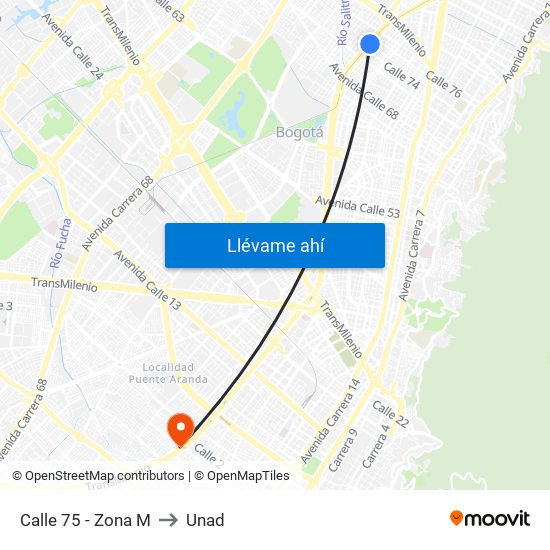 Calle 75 - Zona M to Unad map