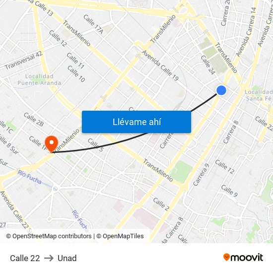 Calle 22 to Unad map