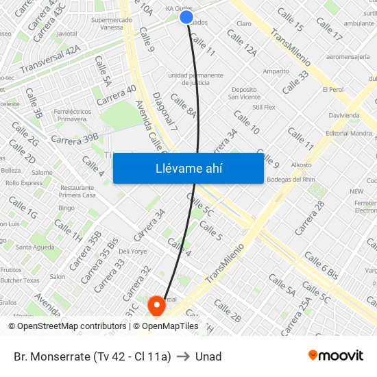 Br. Monserrate (Tv 42 - Cl 11a) to Unad map